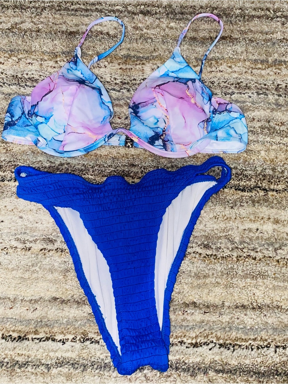 Blue & Multicolor Marble Print Bikini Set